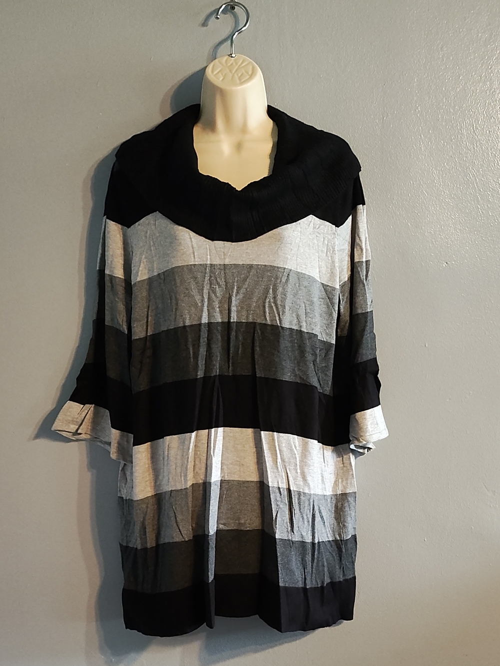 Style & Co. Black and Gray Striped Cowl Neck Tunic